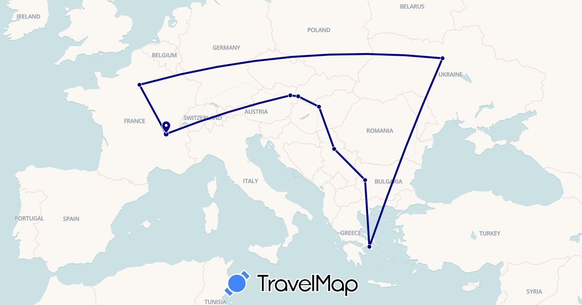 TravelMap itinerary: driving in Austria, Bulgaria, France, Greece, Hungary, Serbia, Slovakia, Ukraine (Europe)